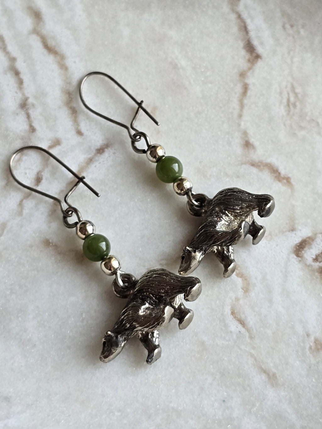 Vintage Bear Nephrite Jade Bead Dangle Earrings, Sterling Silver Ear Wires, Woodland Animal Jewellery