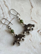 Vintage Bear Nephrite Jade Bead Dangle Earrings, Sterling Silver Ear Wires, Woodland Animal Jewellery