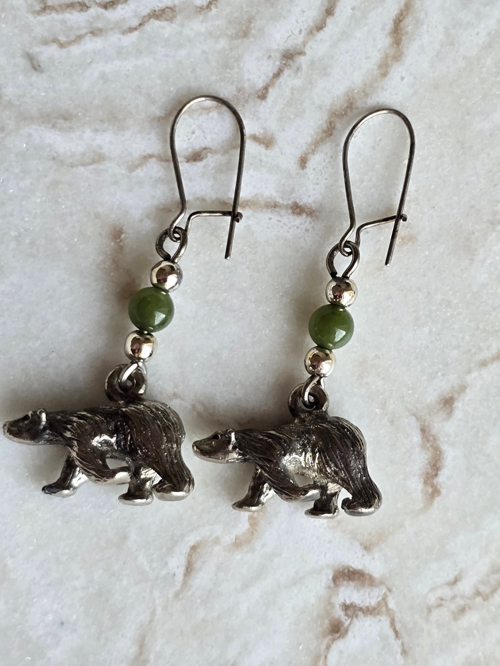 Vintage Bear Nephrite Jade Bead Dangle Earrings, Sterling Silver Ear Wires, Woodland Animal Jewellery
