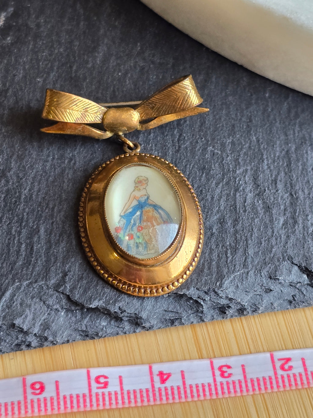 Vintage TLM Thomas L. Mott Portrait Dangle Bow Brooch, Made In England, Collectable