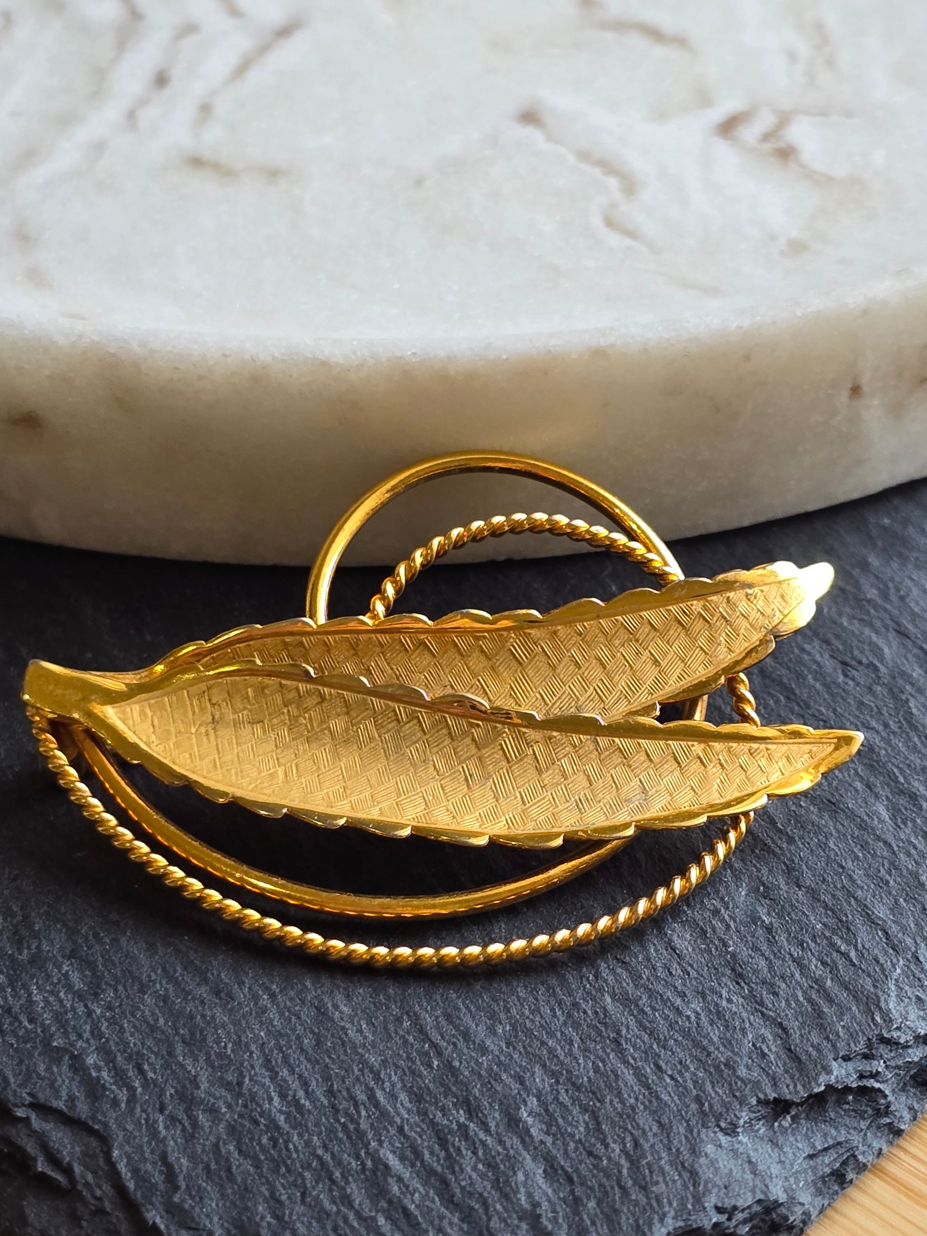 Rolled Gold Vintage Textured Leaf Brooch Signed Ecco