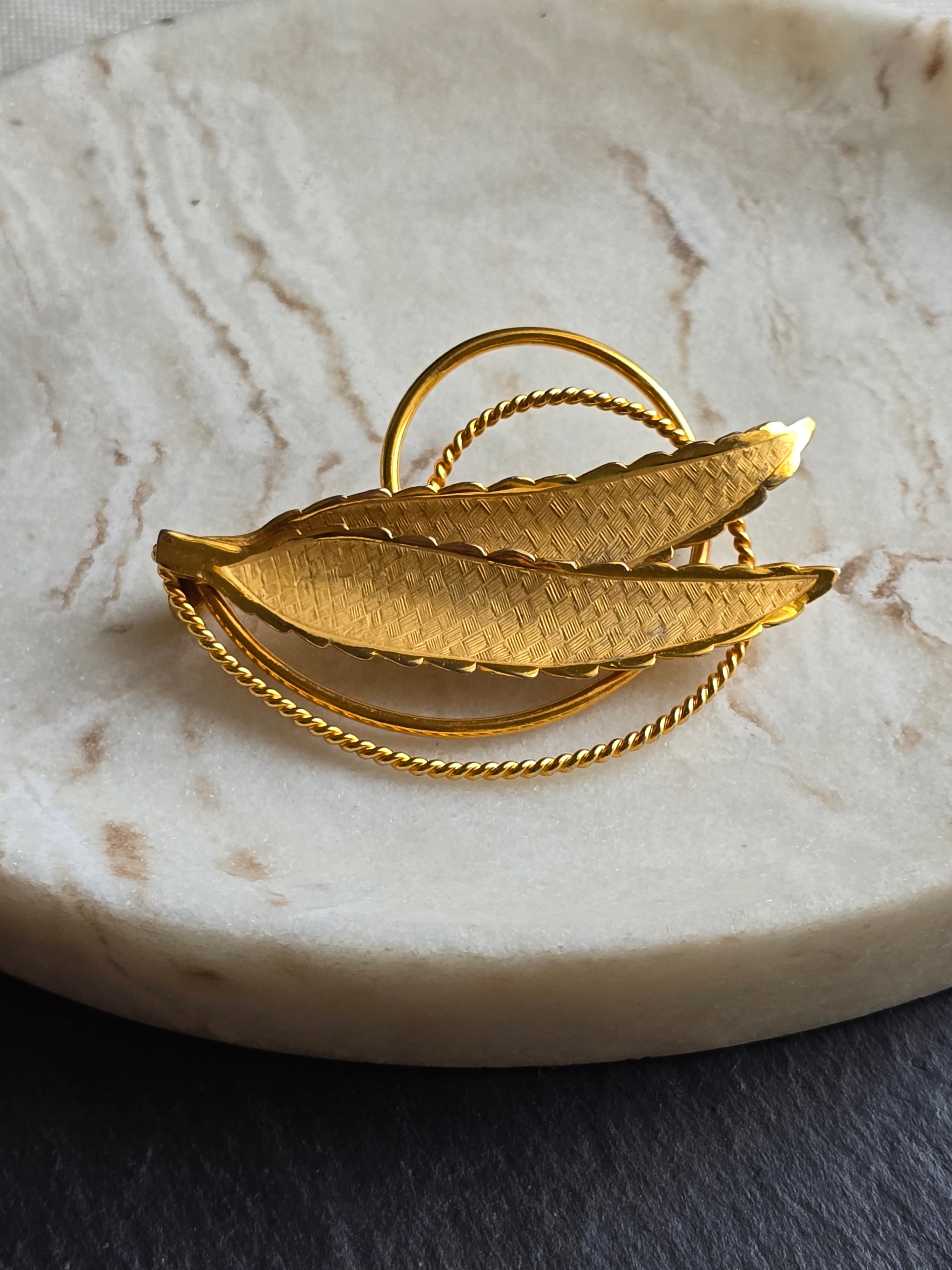 Rolled Gold Vintage Textured Leaf Brooch Signed Ecco