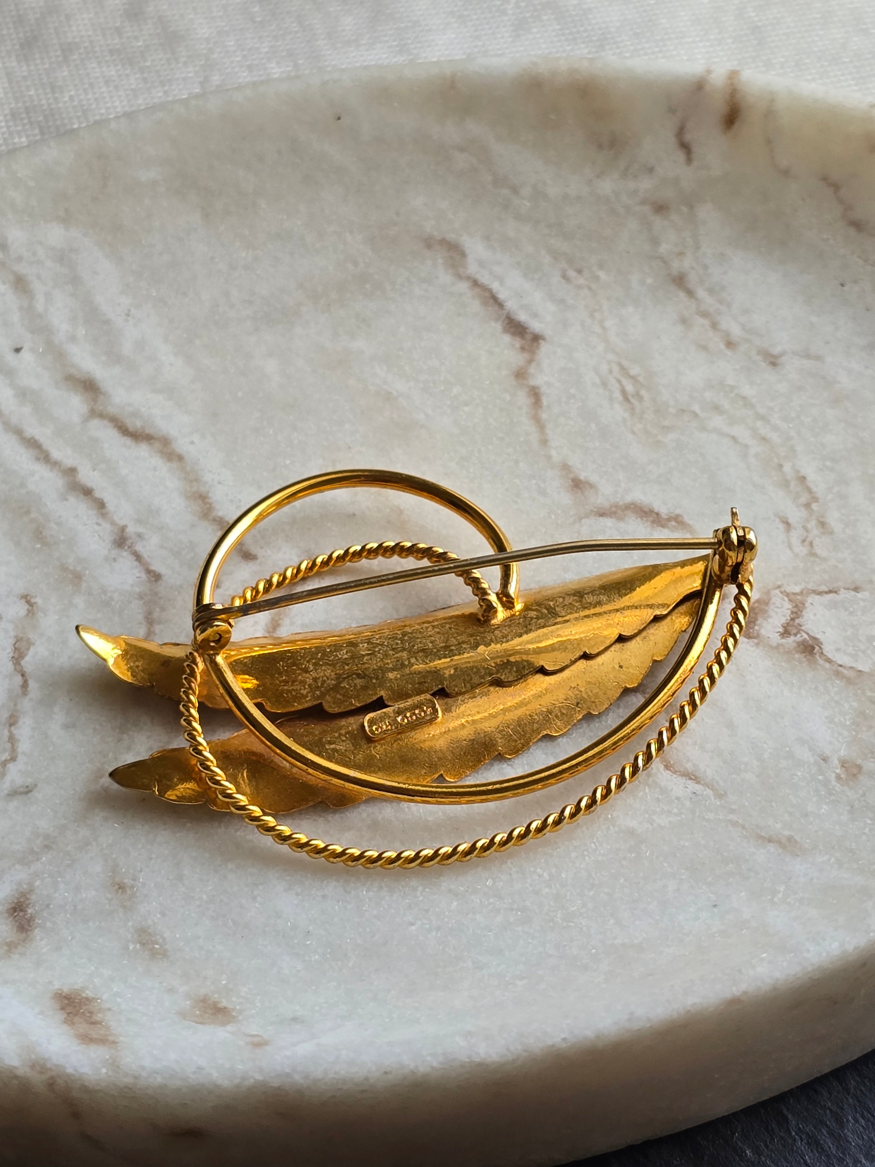 Rolled Gold Vintage Textured Leaf Brooch Signed Ecco