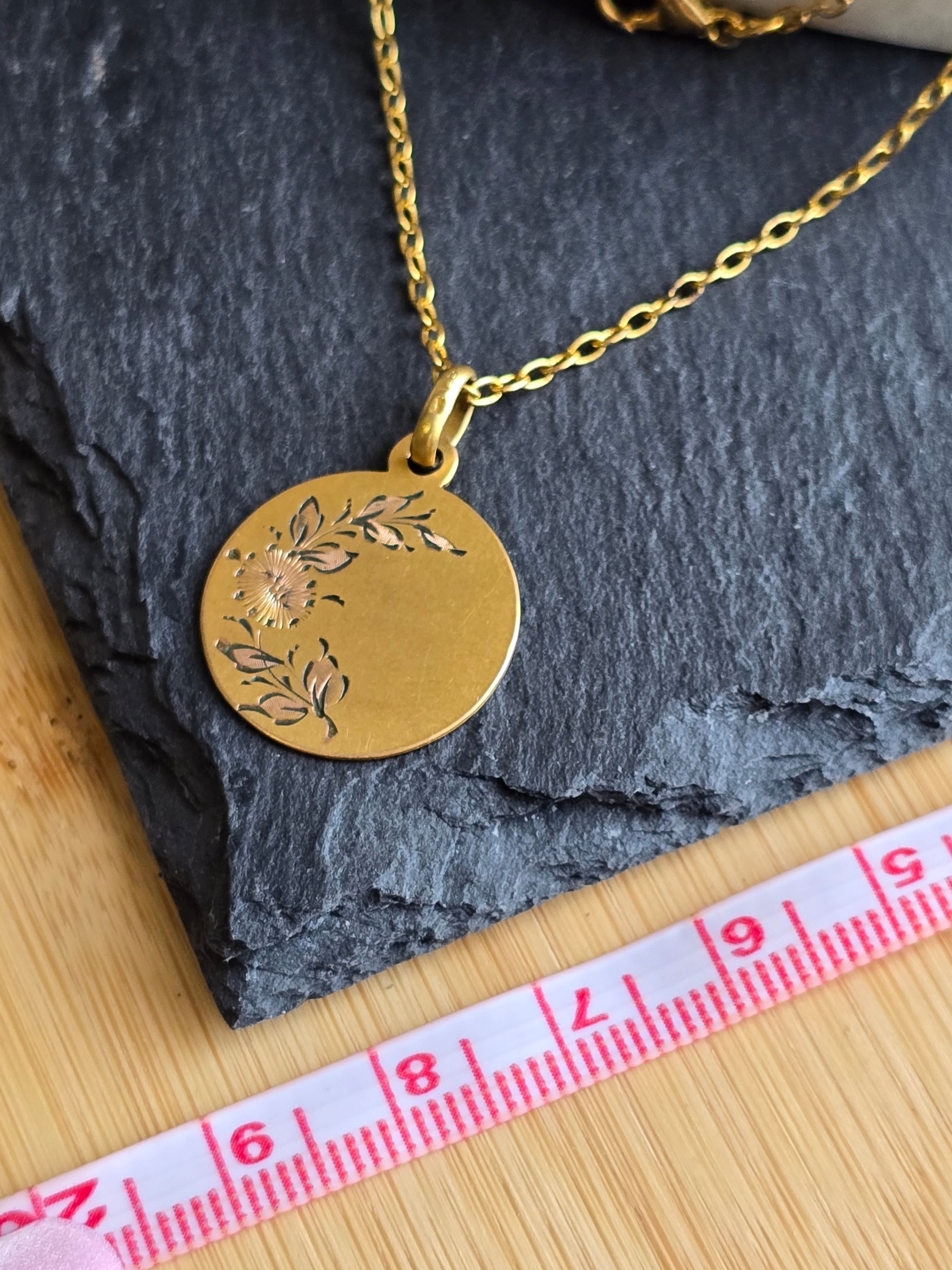 Vintage Gold Tone Floral Engraved Pendant Necklace, Minimalist Jewellery