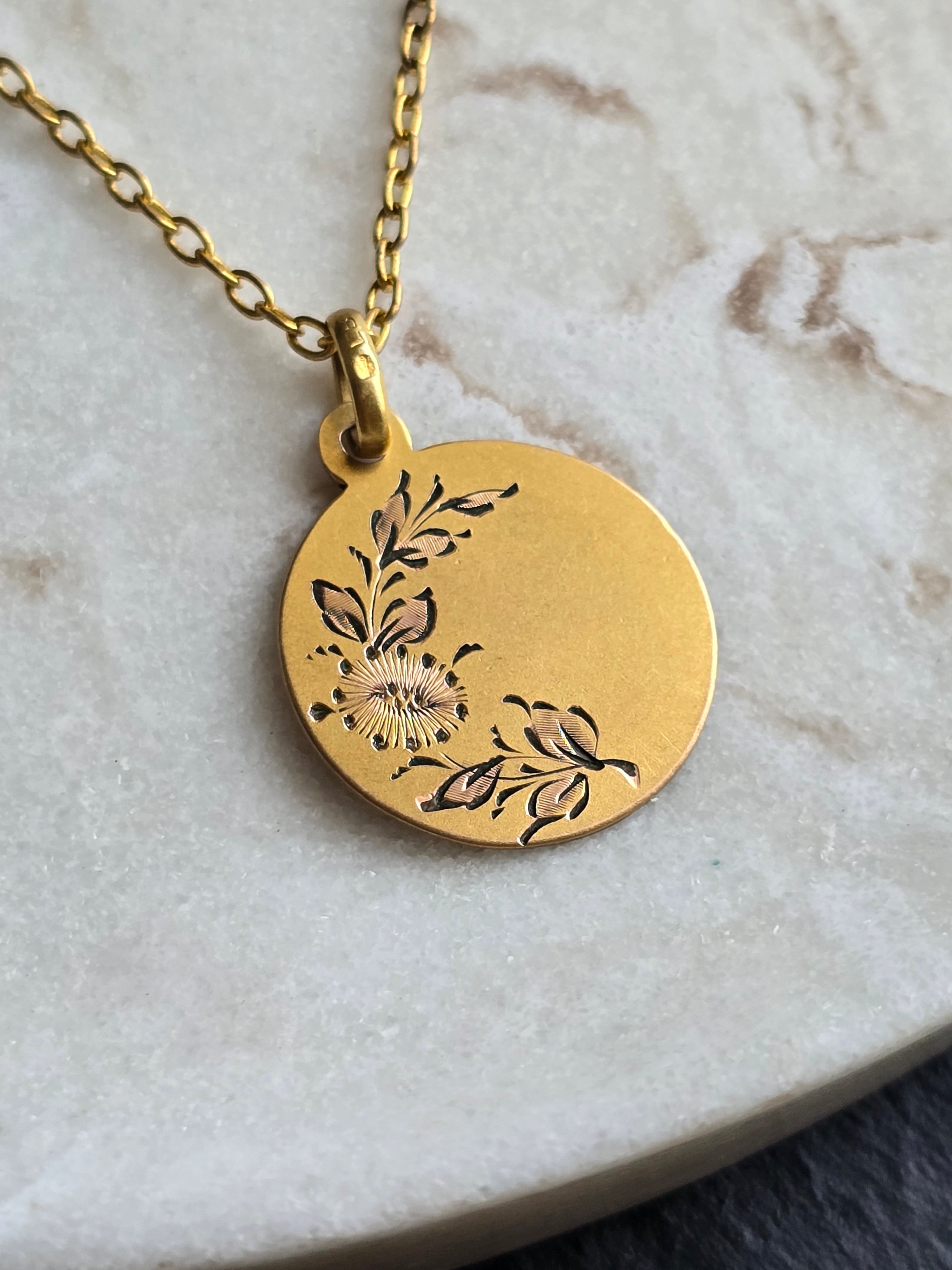 Vintage Gold Tone Floral Engraved Pendant Necklace, Minimalist Jewellery