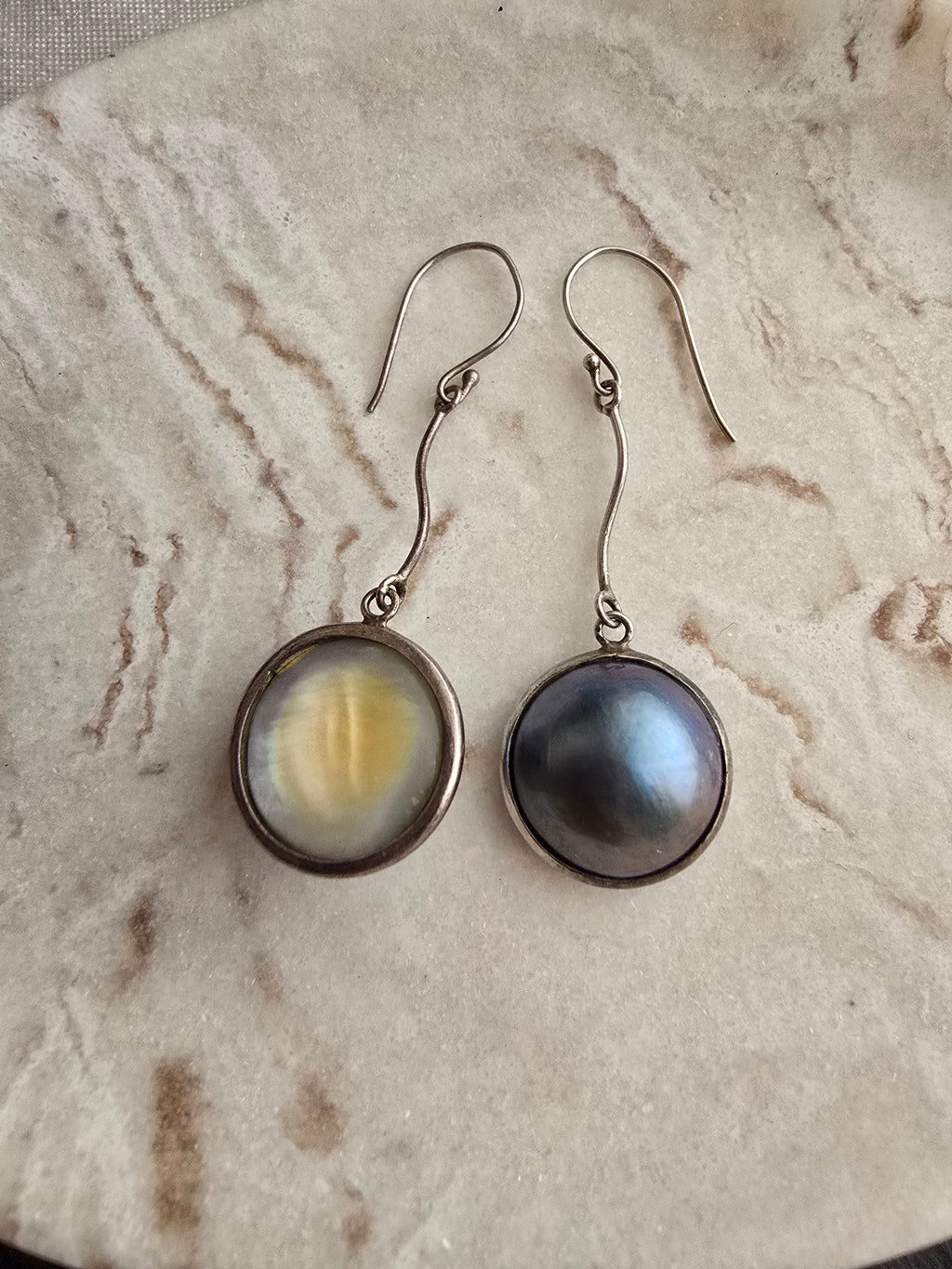 Vintage Mabe Peacock Blue Pearl Sterling Silver Drop Dangle Earrings, Classic Minimalist Earrings,