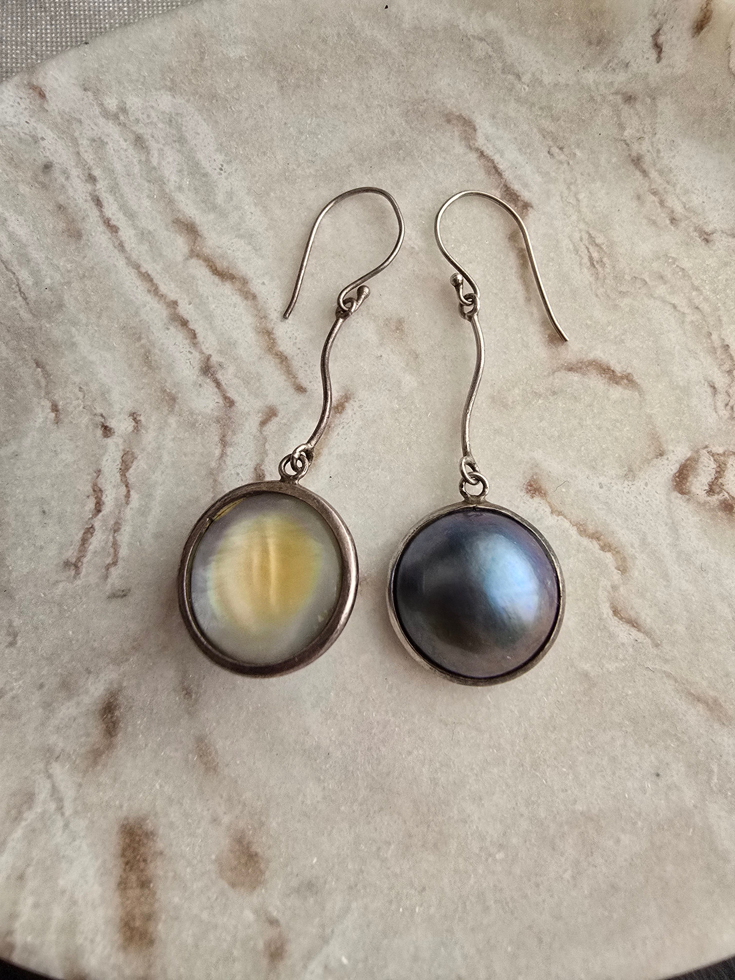 Vintage Mabe Peacock Blue Pearl Sterling Silver Drop Dangle Earrings, Classic Minimalist Earrings,